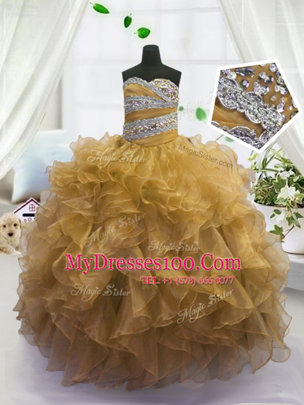 Discount Floor Length Gold Pageant Gowns For Girls Sweetheart Sleeveless Lace Up