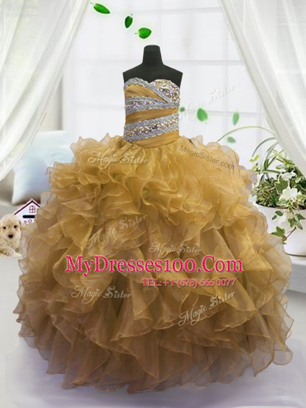 Discount Floor Length Gold Pageant Gowns For Girls Sweetheart Sleeveless Lace Up