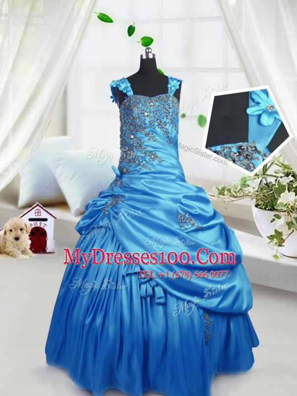 Straps Sleeveless Satin Kids Pageant Dress Beading and Pick Ups Zipper