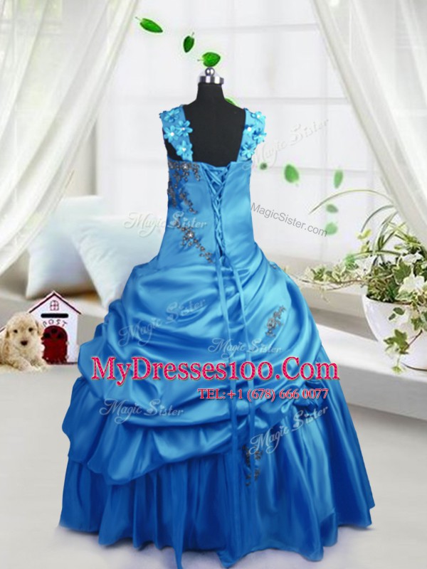 Straps Sleeveless Satin Kids Pageant Dress Beading and Pick Ups Zipper