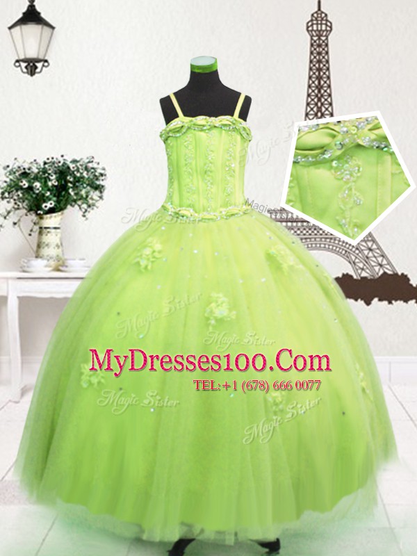 Floor Length Zipper Toddler Flower Girl Dress Yellow Green for Party and Wedding Party with Beading and Appliques
