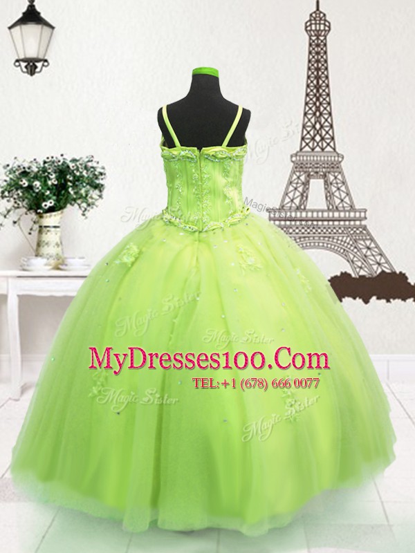 Floor Length Zipper Toddler Flower Girl Dress Yellow Green for Party and Wedding Party with Beading and Appliques