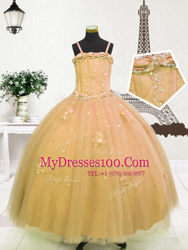Stunning Light Yellow and Gold Little Girls Pageant Dress Party and Wedding Party and For with Beading and Appliques Spaghetti Straps Sleeveless Zipper