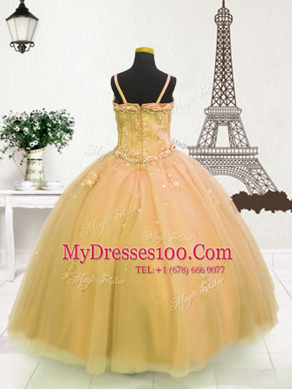 Stunning Light Yellow and Gold Little Girls Pageant Dress Party and Wedding Party and For with Beading and Appliques Spaghetti Straps Sleeveless Zipper