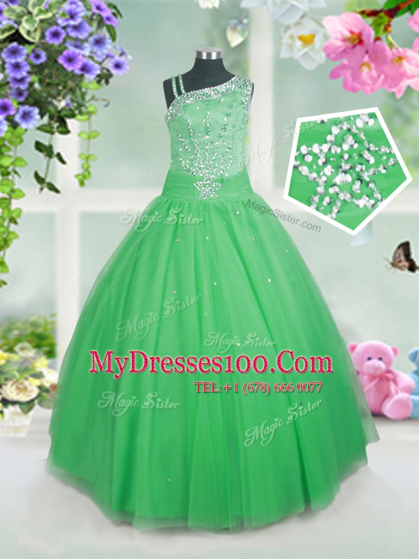 Tulle Asymmetric Sleeveless Side Zipper Beading Flower Girl Dresses for Less in Green