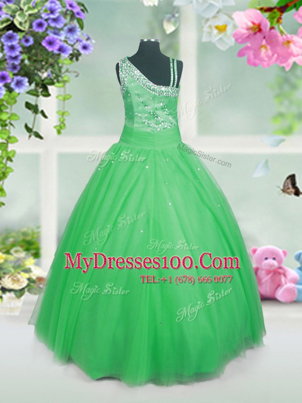 Tulle Asymmetric Sleeveless Side Zipper Beading Flower Girl Dresses for Less in Green