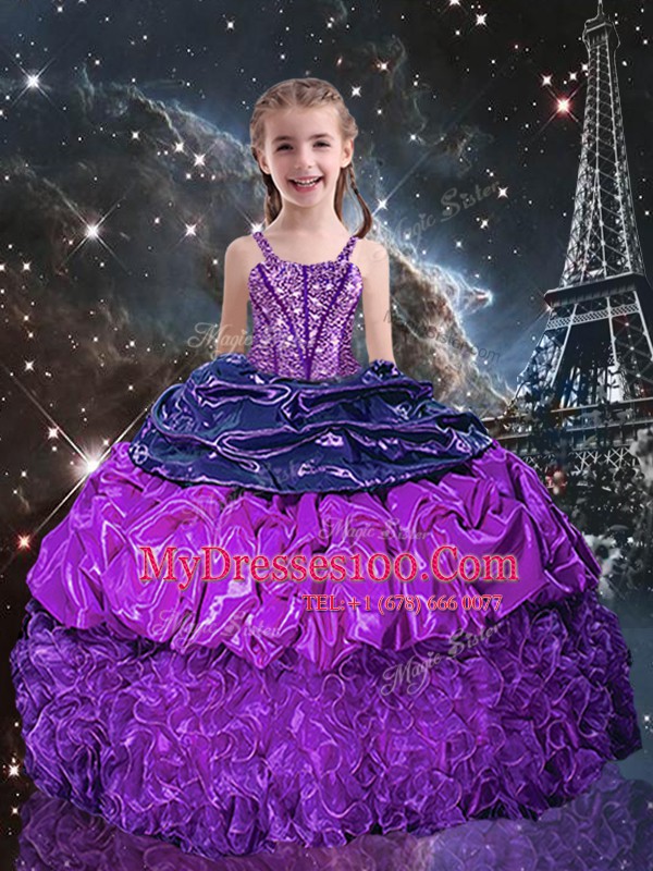 Eggplant Purple Spaghetti Straps Lace Up Beading and Ruffles and Pick Ups Toddler Flower Girl Dress Sleeveless