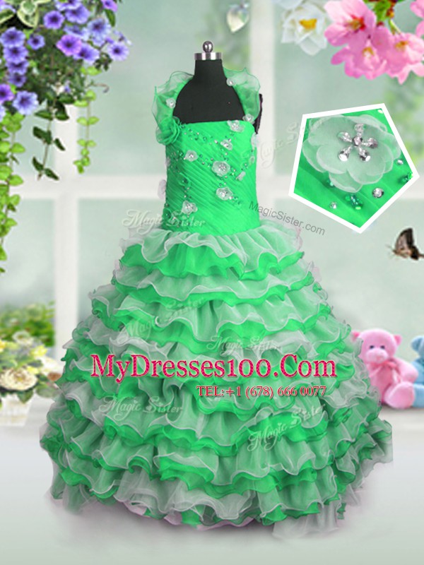 Ruffled Ball Gowns Kids Pageant Dress Straps Organza Sleeveless Floor Length Lace Up