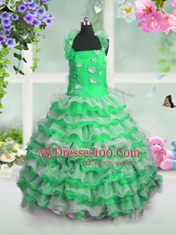 Ruffled Ball Gowns Kids Pageant Dress Straps Organza Sleeveless Floor Length Lace Up