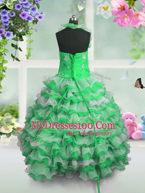 Ruffled Ball Gowns Kids Pageant Dress Straps Organza Sleeveless Floor Length Lace Up