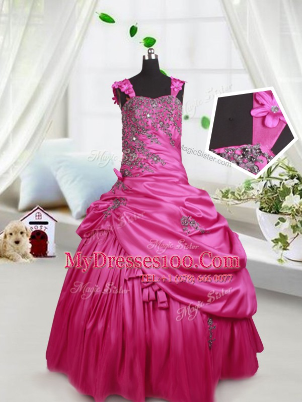 Floor Length Lace Up Kids Pageant Dress Hot Pink for Party and Wedding Party with Beading and Pick Ups
