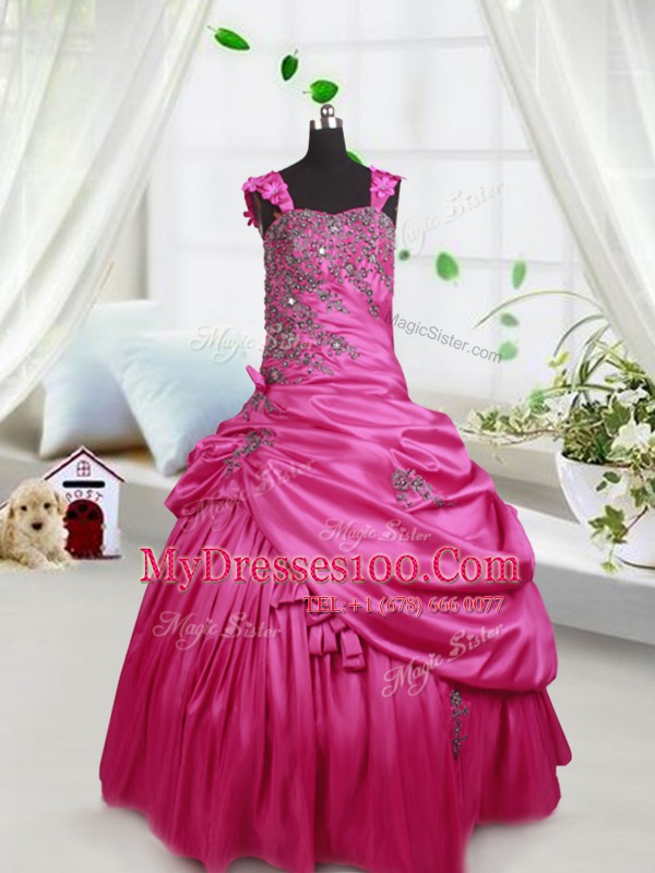 Floor Length Lace Up Kids Pageant Dress Hot Pink for Party and Wedding Party with Beading and Pick Ups