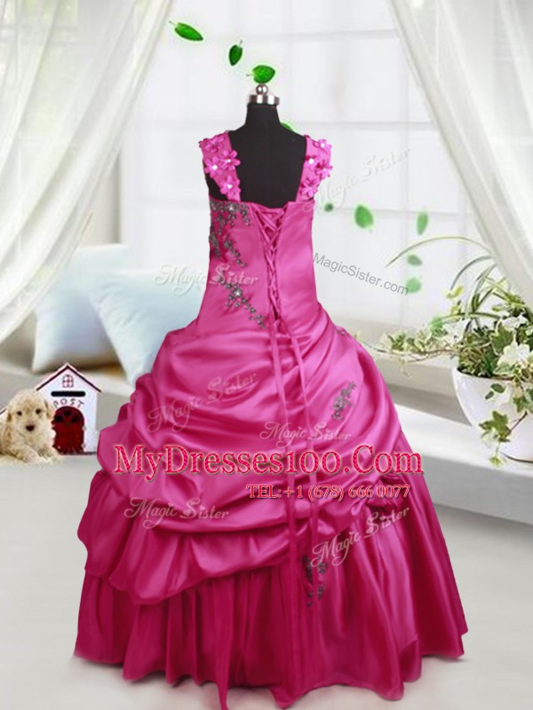 Floor Length Lace Up Kids Pageant Dress Hot Pink for Party and Wedding Party with Beading and Pick Ups