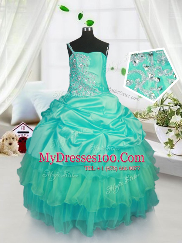 Dramatic Pick Ups Ruffled Ball Gowns Kids Formal Wear Turquoise Strapless Organza Sleeveless Floor Length Lace Up