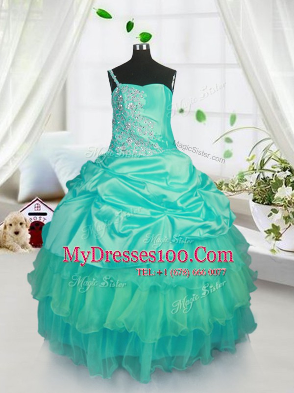 Dramatic Pick Ups Ruffled Ball Gowns Kids Formal Wear Turquoise Strapless Organza Sleeveless Floor Length Lace Up