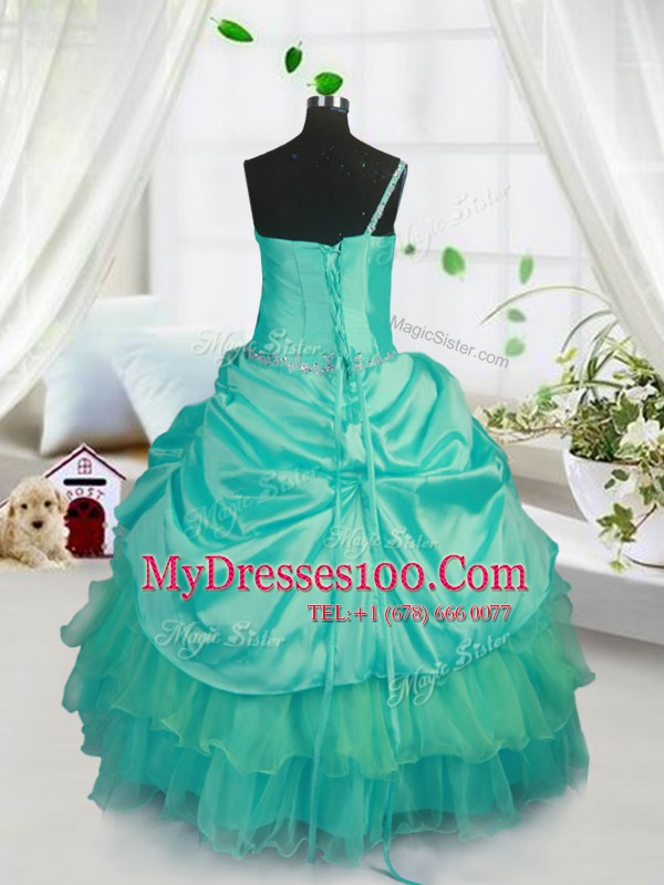 Dramatic Pick Ups Ruffled Ball Gowns Kids Formal Wear Turquoise Strapless Organza Sleeveless Floor Length Lace Up