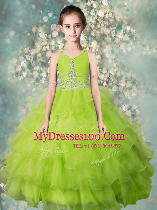Exquisite Halter Top Yellow Green Ball Gowns Beading and Ruffled Layers Toddler Flower Girl Dress Zipper Organza Sleeveless Floor Length