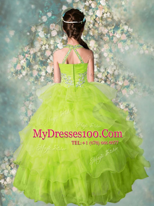 Exquisite Halter Top Yellow Green Ball Gowns Beading and Ruffled Layers Toddler Flower Girl Dress Zipper Organza Sleeveless Floor Length