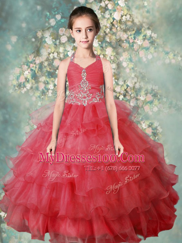 Superior Halter Top Sleeveless Organza Little Girl Pageant Gowns Beading and Ruffled Layers Zipper