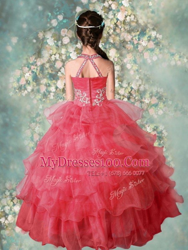 Superior Halter Top Sleeveless Organza Little Girl Pageant Gowns Beading and Ruffled Layers Zipper