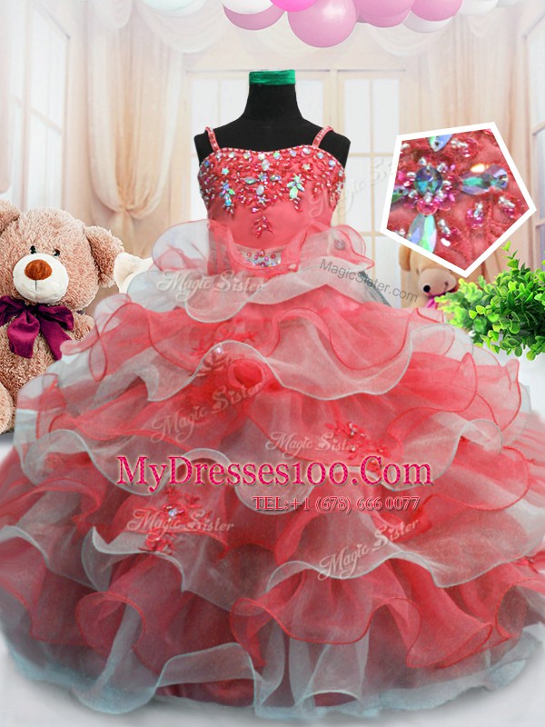 Comfortable Red Sleeveless Floor Length Beading and Ruffled Layers Zipper Little Girl Pageant Gowns