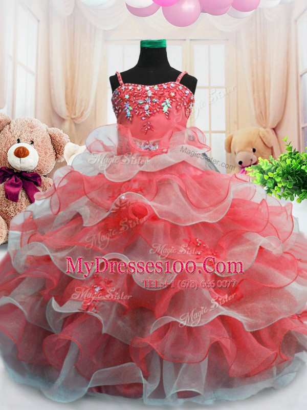 Comfortable Red Sleeveless Floor Length Beading and Ruffled Layers Zipper Little Girl Pageant Gowns
