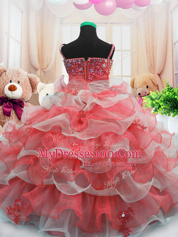 Comfortable Red Sleeveless Floor Length Beading and Ruffled Layers Zipper Little Girl Pageant Gowns