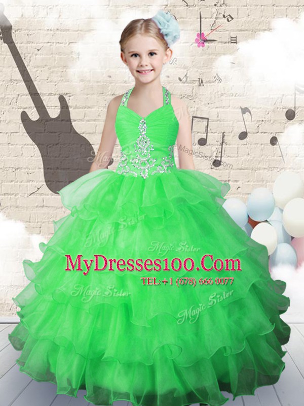 Admirable Halter Top Green Sleeveless Beading and Ruffled Layers Floor Length Toddler Flower Girl Dress