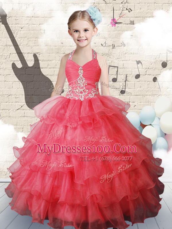 Exquisite Halter Top Coral Red Sleeveless Ruffled Layers Floor Length Little Girls Pageant Dress Wholesale