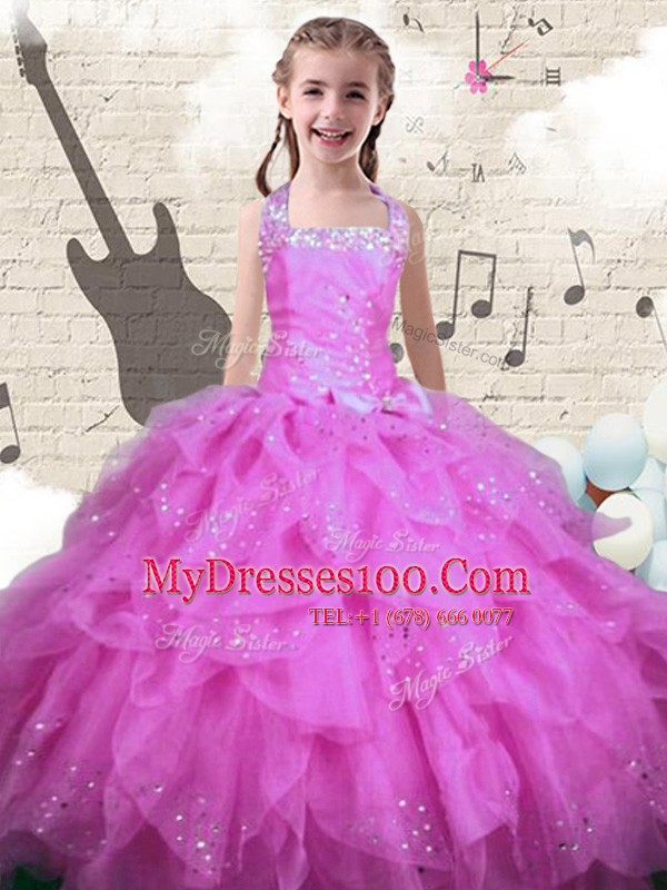 Halter Top Rose Pink Sleeveless Beading and Ruffles Floor Length Child Pageant Dress