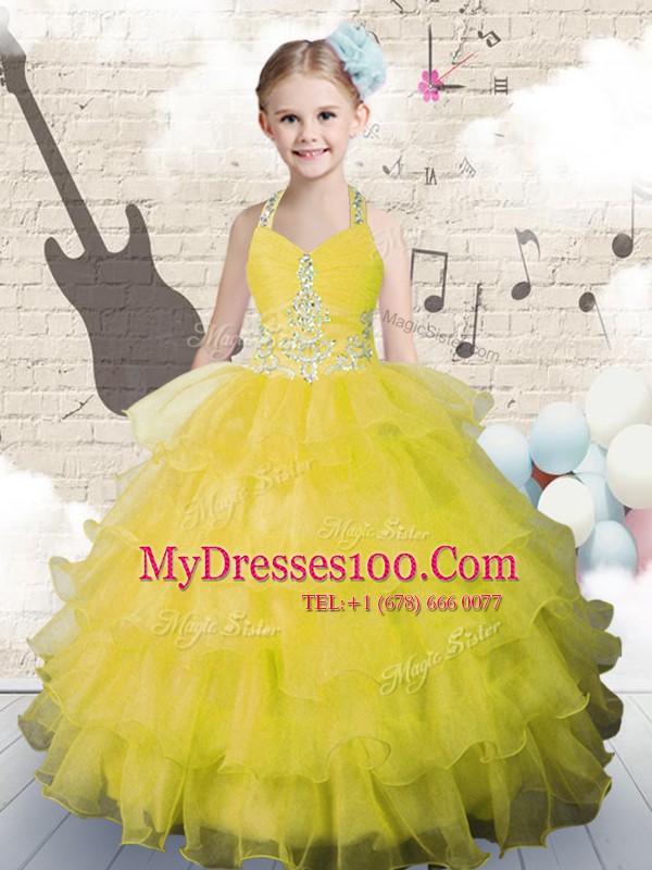 Great Halter Top Yellow Green Lace Up Girls Pageant Dresses Beading and Ruffled Layers Sleeveless Floor Length