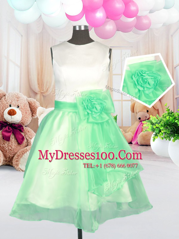 Graceful Scoop Knee Length Zipper Flower Girl Dress Apple Green for Military Ball and Sweet 16 and Quinceanera with Hand Made Flower
