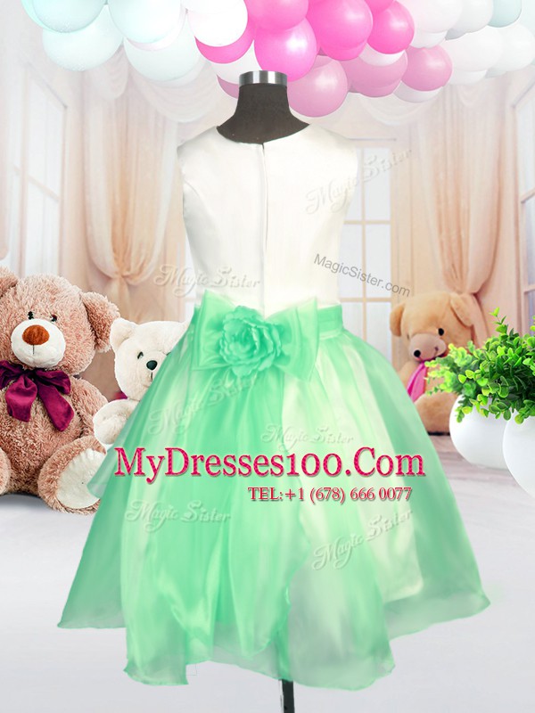 Graceful Scoop Knee Length Zipper Flower Girl Dress Apple Green for Military Ball and Sweet 16 and Quinceanera with Hand Made Flower