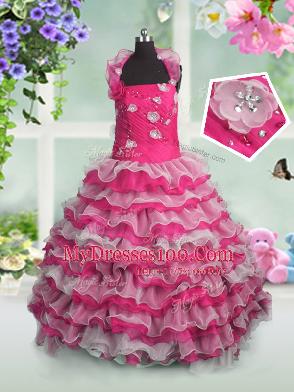 Perfect Ruffled Ball Gowns Kids Formal Wear Hot Pink Straps Organza Sleeveless Floor Length Lace Up