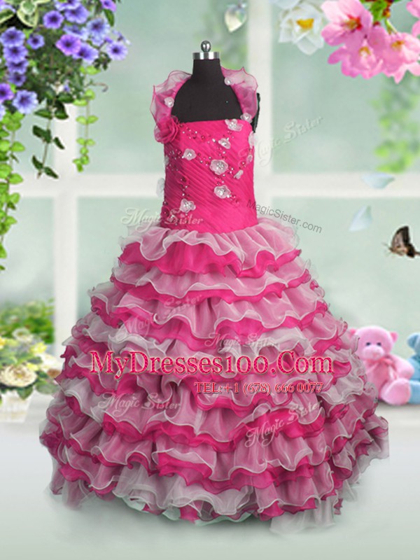 Perfect Ruffled Ball Gowns Kids Formal Wear Hot Pink Straps Organza Sleeveless Floor Length Lace Up