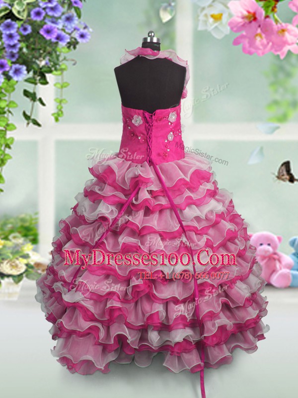 Perfect Ruffled Ball Gowns Kids Formal Wear Hot Pink Straps Organza Sleeveless Floor Length Lace Up
