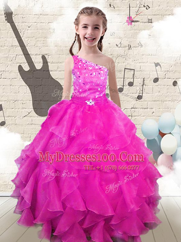 One Shoulder Sleeveless Organza Floor Length Lace Up Flower Girl Dresses for Less in Hot Pink with Beading and Ruffles
