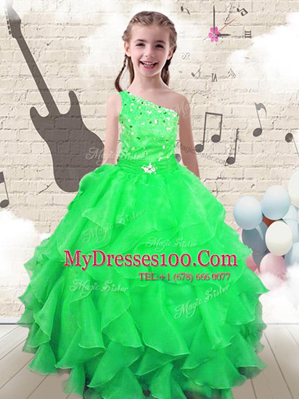 Excellent One Shoulder Sleeveless Floor Length Beading and Ruffles Lace Up Toddler Flower Girl Dress with Apple Green
