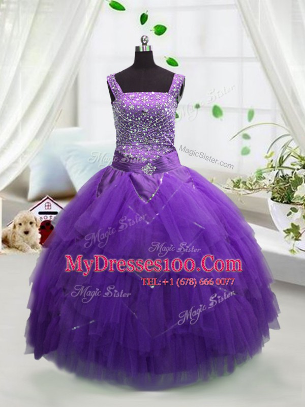Lavender Ball Gowns Beading and Ruffles Child Pageant Dress Lace Up Tulle Sleeveless Floor Length