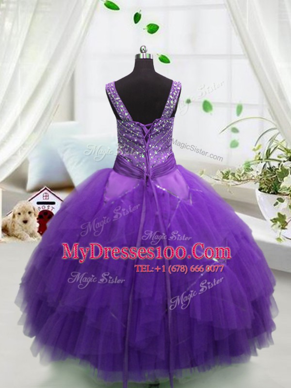 Lavender Ball Gowns Beading and Ruffles Child Pageant Dress Lace Up Tulle Sleeveless Floor Length