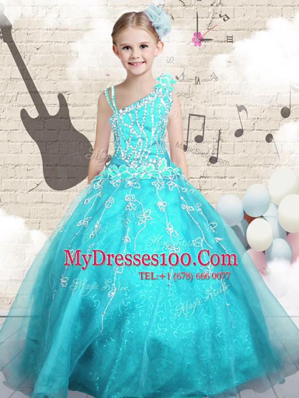 Aqua Blue Lace Up Asymmetric Appliques Toddler Flower Girl Dress Tulle Sleeveless
