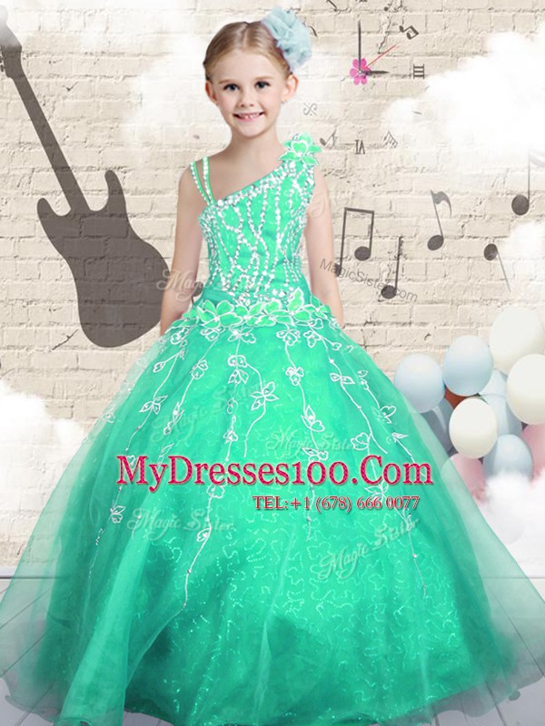 Unique Asymmetric Sleeveless Lace Up Little Girl Pageant Dress Apple Green Tulle