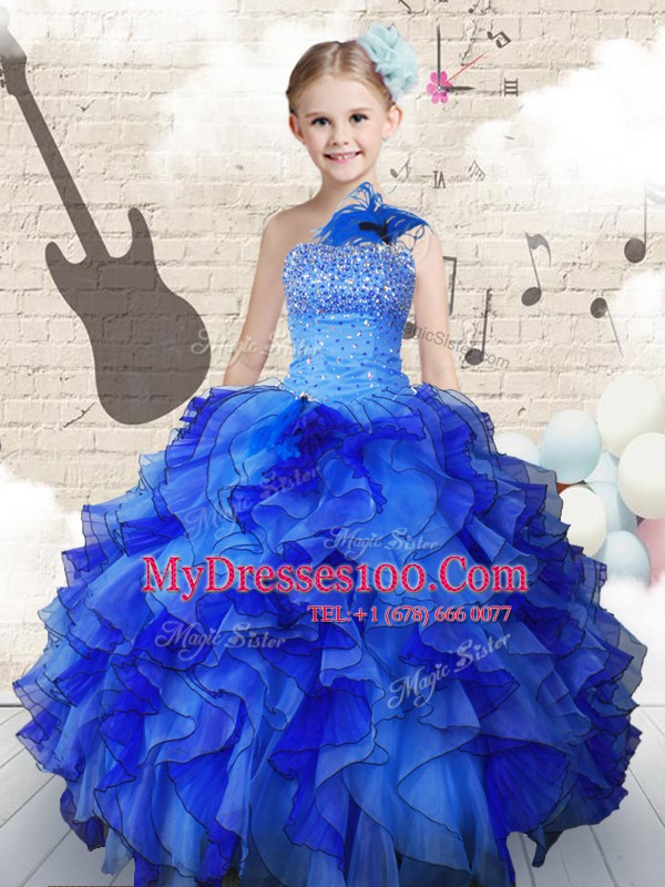 High Class Navy Blue Organza Lace Up Strapless Sleeveless Floor Length Flower Girl Dresses for Less Beading and Ruffles
