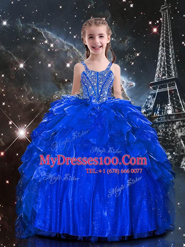 Exquisite Royal Blue Sleeveless Organza Lace Up Flower Girl Dresses for Less for Party and Wedding Party