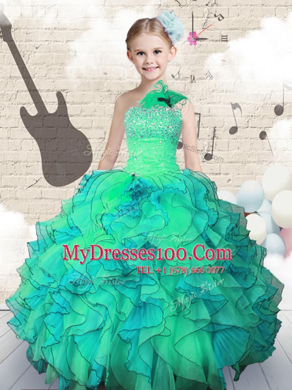 Excellent One Shoulder Sleeveless Flower Girl Dresses Floor Length Beading and Ruffles Turquoise Organza