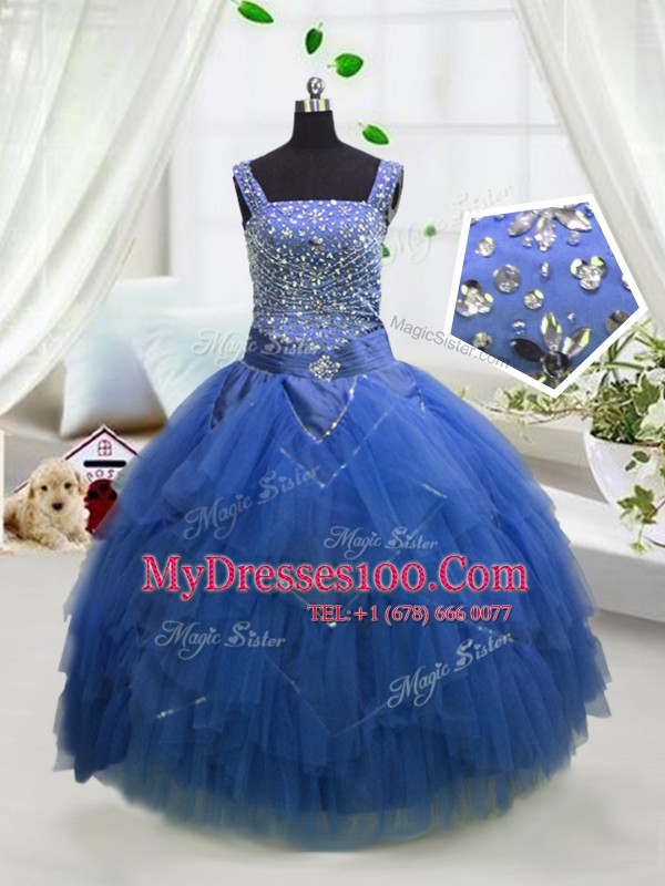 Eye-catching Sleeveless Tulle Floor Length Lace Up Little Girl Pageant Gowns in Royal Blue with Beading and Ruffles