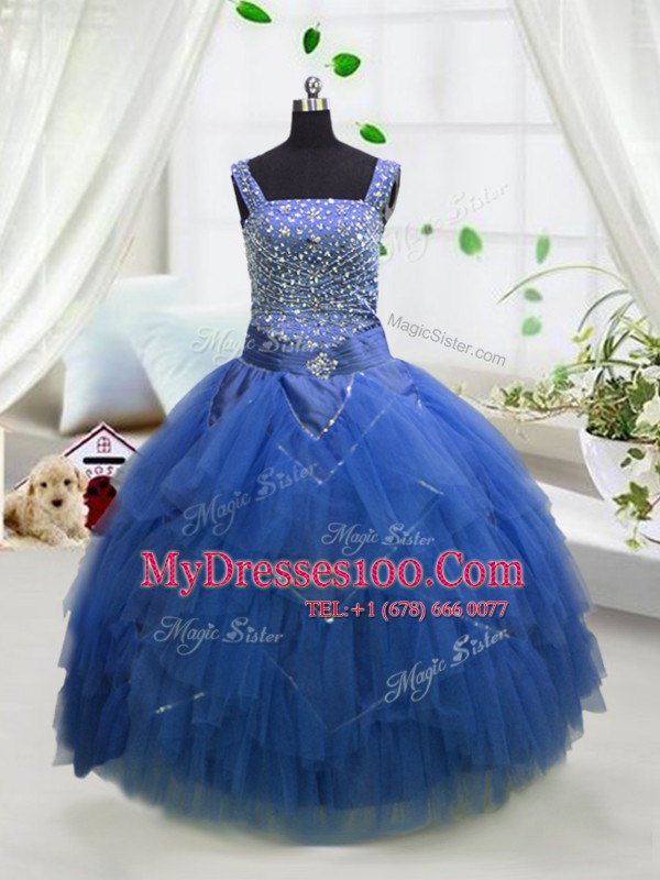 Eye-catching Sleeveless Tulle Floor Length Lace Up Little Girl Pageant Gowns in Royal Blue with Beading and Ruffles