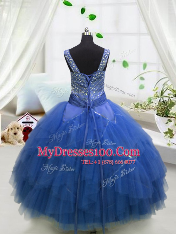Eye-catching Sleeveless Tulle Floor Length Lace Up Little Girl Pageant Gowns in Royal Blue with Beading and Ruffles