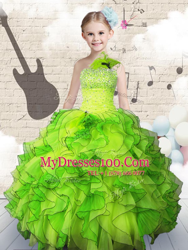 Custom Fit One Shoulder Ball Gowns Beading and Ruffles Little Girl Pageant Dress Lace Up Organza Sleeveless Floor Length