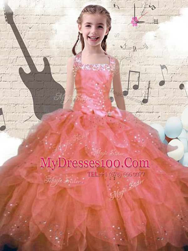 Pink Organza Lace Up Halter Top Sleeveless Floor Length Little Girl Pageant Gowns Beading and Ruffles